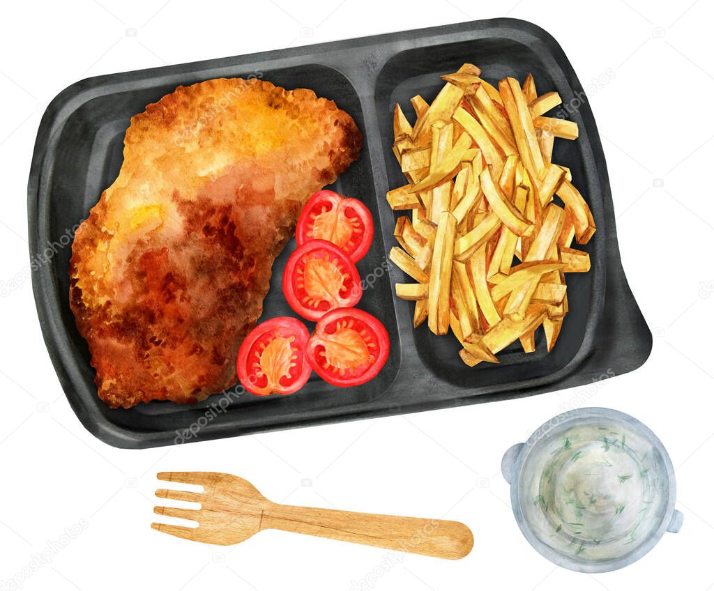 Schnitzel with French fries and cherry tomatoes in a takeaway box. Proposal of the menu in public catering with delivery. Watercolor illustration