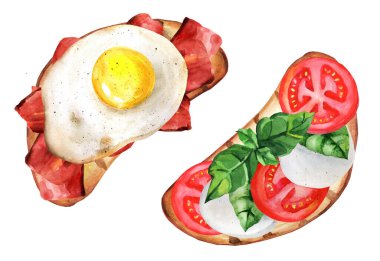 Kahvaltı için çeşitli sandviçler: pastırma ve yumurtalı sedwich; domatesli sedwich ve mozzarella. Beyaz arkaplanda suluboya çizimi. Sağlıklı diyet yemekleri. Üst görünüm