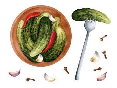 Suluboya çizimi bir tabak ev yapımı salatalık turşusu. Çatalda salatalık. Beyaz arka planda izole edilmiş ev yapımı sebzeler.
