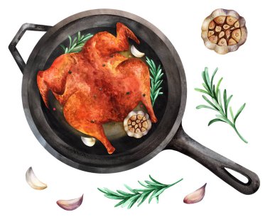 Tavada tavuk. Suluboya çizimi beyaz arkaplanda izole edildi. Menü için uygun, tebrik kartları, tarifler.