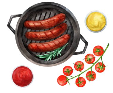 Lezzetli kızarmış soslu ızgara tava, biberiye, kiraz domates ve sos. Üst Manzara. Menü ve yemek kitabı için uygun. Beyaz arkaplanda suluboya çizimi