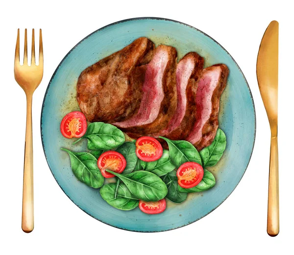 Steak Bœuf Grillé Tranché Avec Salade Sur Assiette Turquoise Isolée — Photo