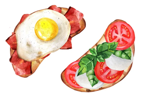 Variety Sandwiches Breakfast Sedwich Bacon Egg Sedwich Tomatoes Mozzarella Watercolor — Stock Fotó