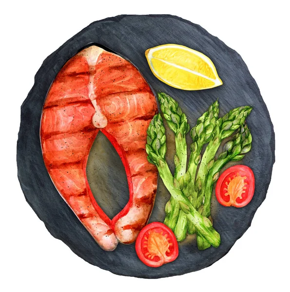 Grilled Salmon Steak Asparagus Cherry Tomatoes Top View Black Slate — Stock Fotó