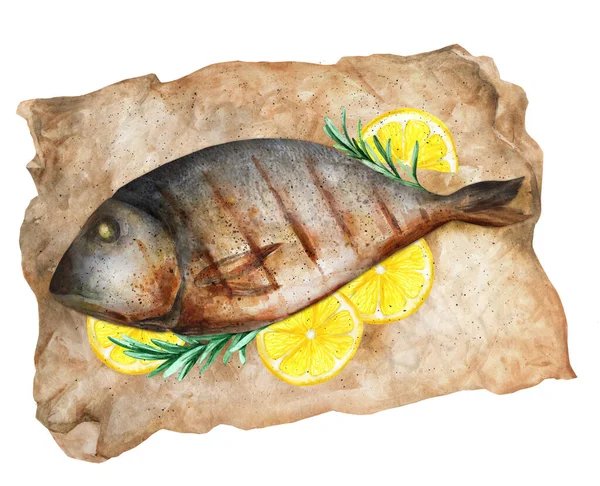 Fried Fish Baking Paper Lemons Rosemary Top View Hand Painted — Stock Photo, Image