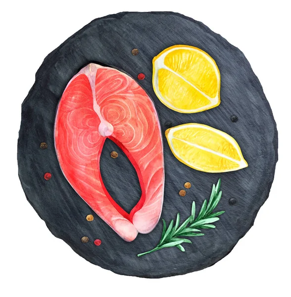 Bistecca Salmone Cruda Vista Dall Alto Lavagna Nera Illustrazione Dipinta — Foto Stock