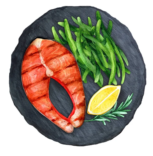 Grilled Salmon Steak Green Beans Lemon Black Stone Top View — Stock Fotó