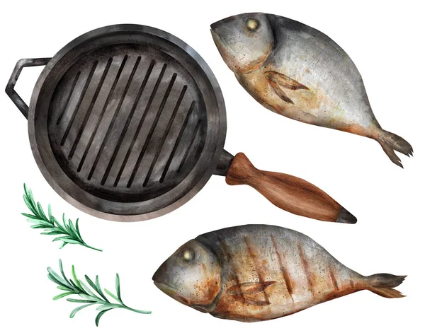 Watercolor Fried Fish White Background Frying Pan Top View Hand — Stock Photo, Image