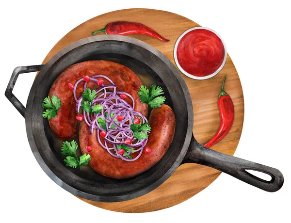 Kuperad Biff Kastrull Träskiva Handritad Akvarell För Meny Gratulationskort Recept — Stockfoto