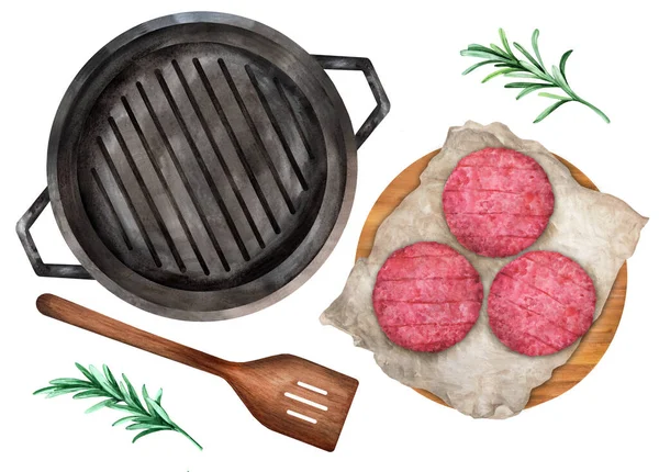 Rohe Steaks Hamburger Schnitzel Grillpfanne Draufsicht Geeignet Für Menü Und — Stockfoto