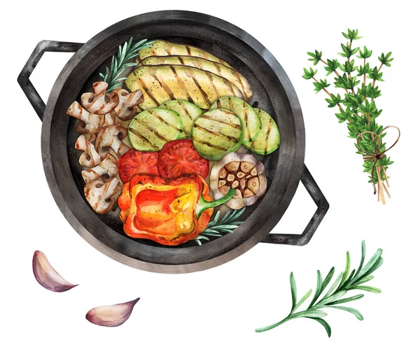 Akvarell Grillezett Zöldségek Grill Serpenyőben Kakukkfű Rozmaring Fokhagyma Elszigetelve Fehér — Stock Fotó
