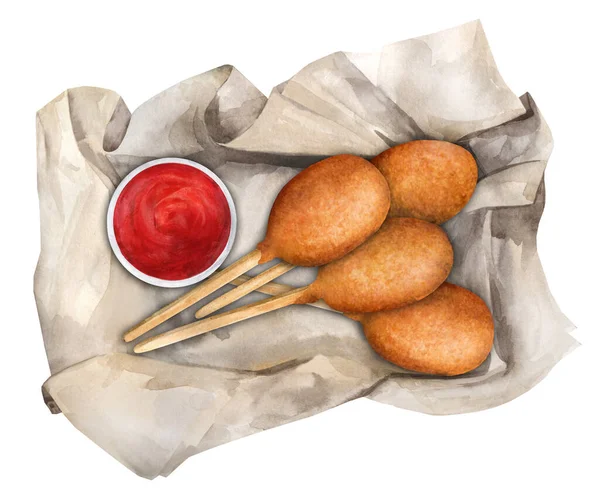 Mini Corn Dogi Papierze Ketchupem Jedzenie Ulicy Ilustracja Akwarela Białym — Zdjęcie stockowe