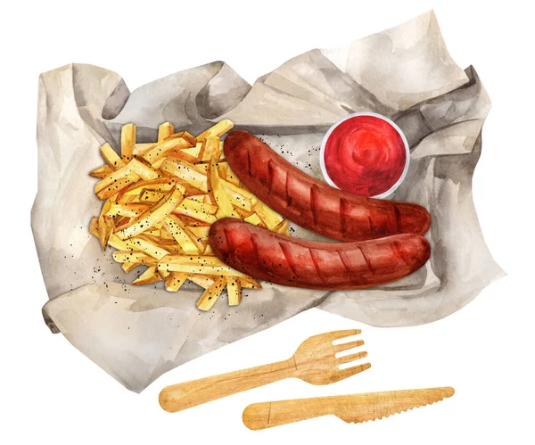 Takeaway Food French Fries Fried Sausages Sauce Disposable Tableware Watercolor — Zdjęcie stockowe