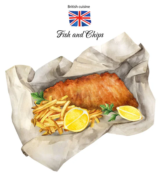 イギリス料理 紙で覆われた魚やチップ レストランのメニュー設計 チラシや料理本に適しています イラスト水彩画 — ストック写真