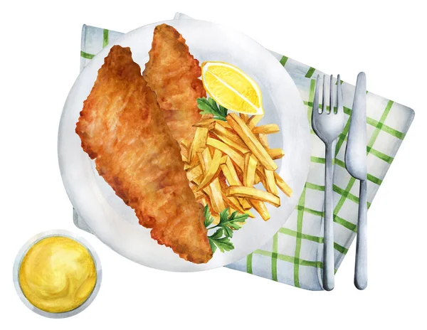 Classic British Food Fish Chips Plate Illustration Watercolor Suitable Restaurant — Stock fotografie