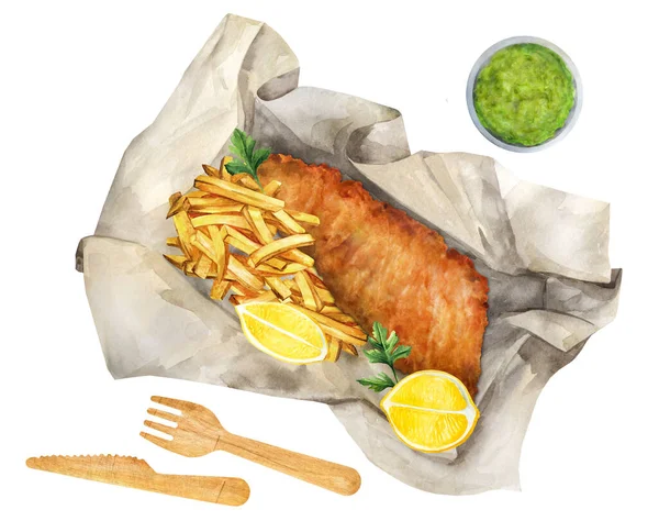 イギリスのファーストフード 魚やチップ おいしいテイクアウト食品 イラスト水彩 レストランのメニュー設計 チラシ 料理本に適しています — ストック写真
