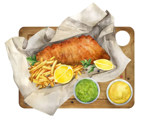 魚やチップの水彩画 伝統的なイギリス料理 レストランのメニュー設計 チラシ 料理本に適しています — ストック写真