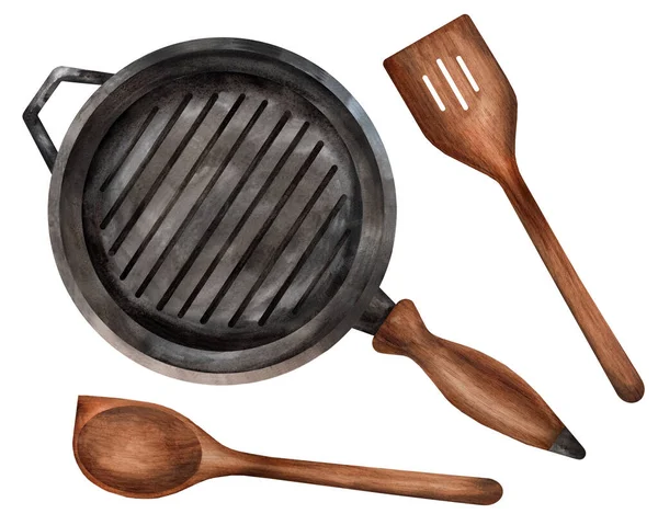 Cast Iron Frying Pan Grill Wooden Spatula Wooden Spoon White — Fotografia de Stock