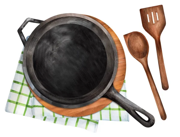 Watercolor Set Black Frying Pans Isolated White Background Illustration Kitchen — Fotografia de Stock