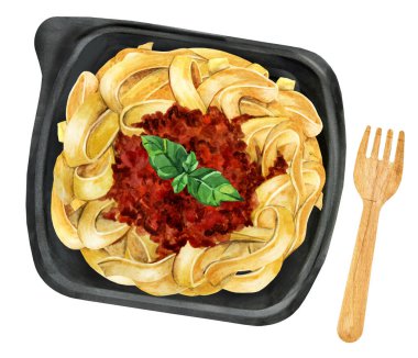 Prepared Lunches in lunch boxes pasta. The concept of take-away and food delivery. Top view. Watercolor illustration