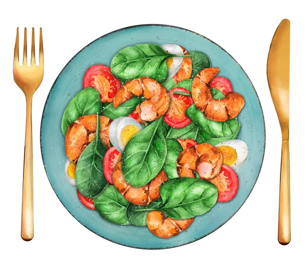 Healthy Salad Plate Grilled Shrimps Fresh Vegetable Salad Egg Grilled — Fotografia de Stock