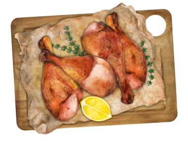 Tahta tahtada kekik ve limon dilimli kızarmış tavuk bacağı. Üst Manzara. Suluboya el çizimi çizimi. Menü ve yemek kitabı için uygun.