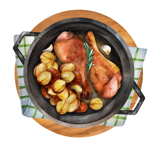 Kızarmış tavuk budu, otlar ve kızartma tavasında kızarmış patates. Üst Manzara. Suluboya el çizimi çizimi. Menü ve yemek kitabı için uygun.