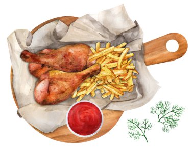Kızarmış tavuk budu, patates kızartması ve tahta üzerinde kırmızı sos. Üst Manzara. Suluboya el çizimi çizimi. Menü ve yemek kitabı için uygun.