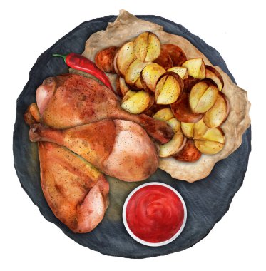 Baharatlı barbekü soslu tavuk budu, kızarmış patates ve sos. Yakın plan. Üst Manzara. Suluboya el çizimi çizimi. Menü ve yemek kitabı için uygun.