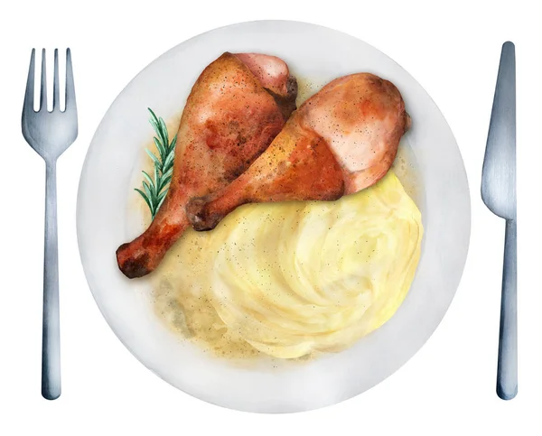 Assiette Blanche Avec Cuisses Poulet Grillées Avec Purée Pommes Terre — Photo