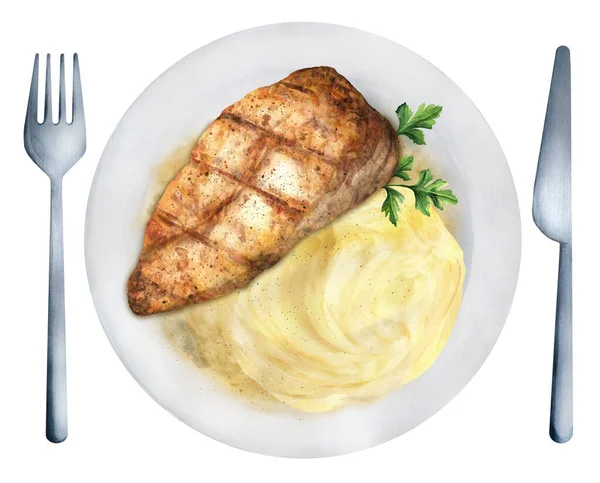 White Plate Chicken Leg Mashed Potatoes Presentation Dishes Restaurant Top — Photo