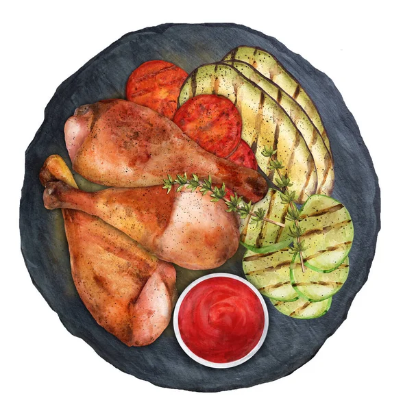 Grilled Chicken Drumsticks Grilled Vegetables Graphite Board Bbq Meat Top — Stock Photo, Image