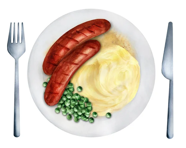 Fried Sausages Mashed Potatoes Peas White Plate Presentation Dishes Restaurant — Fotografia de Stock