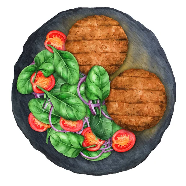 有菠菜沙拉和樱桃西红柿在板子上的美味烤汉堡包 顶视图 餐厅里的菜肴介绍 水彩画 — 图库照片
