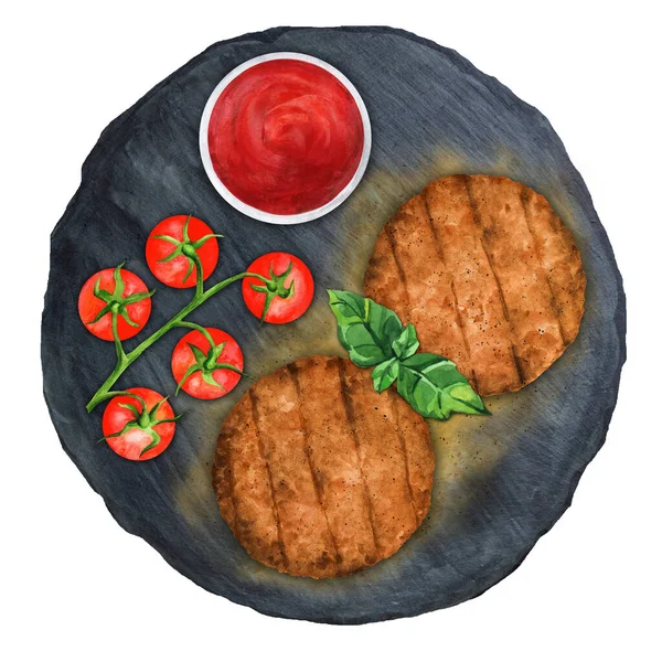 烤开胃汉堡包肉饼配以酱汁和樱桃西红柿放在板子上 顶视图 餐厅里的菜肴介绍 水彩画 — 图库照片