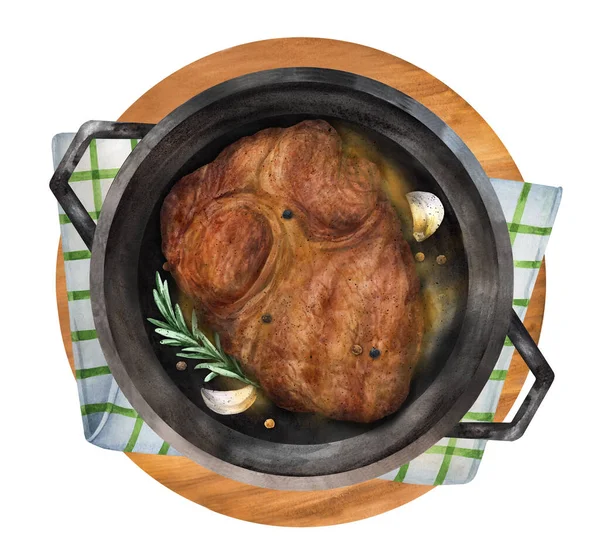 Grillad Stek Med Kryddor Stekpanna Stekt Kött Högst Upp Akvarell — Stockfoto