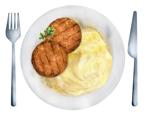 Cutlets Mashed Potatoes White Plate Close Presentation Dishes Restaurant Top — Photo