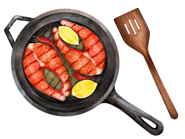 Two Grilled Salmon Steaks Cast Iron Skillet Lemon Chili Pepper — Fotografia de Stock