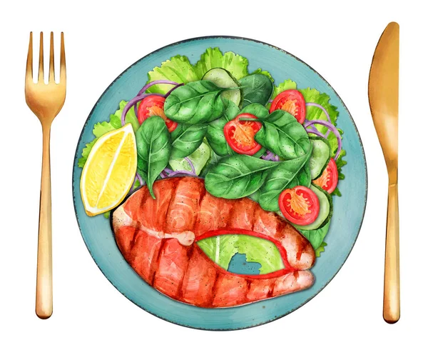 Roasted Salmon Steak Baby Spinach Cucumbers Cherry Tomatoes Plate Healthy — Stok Foto