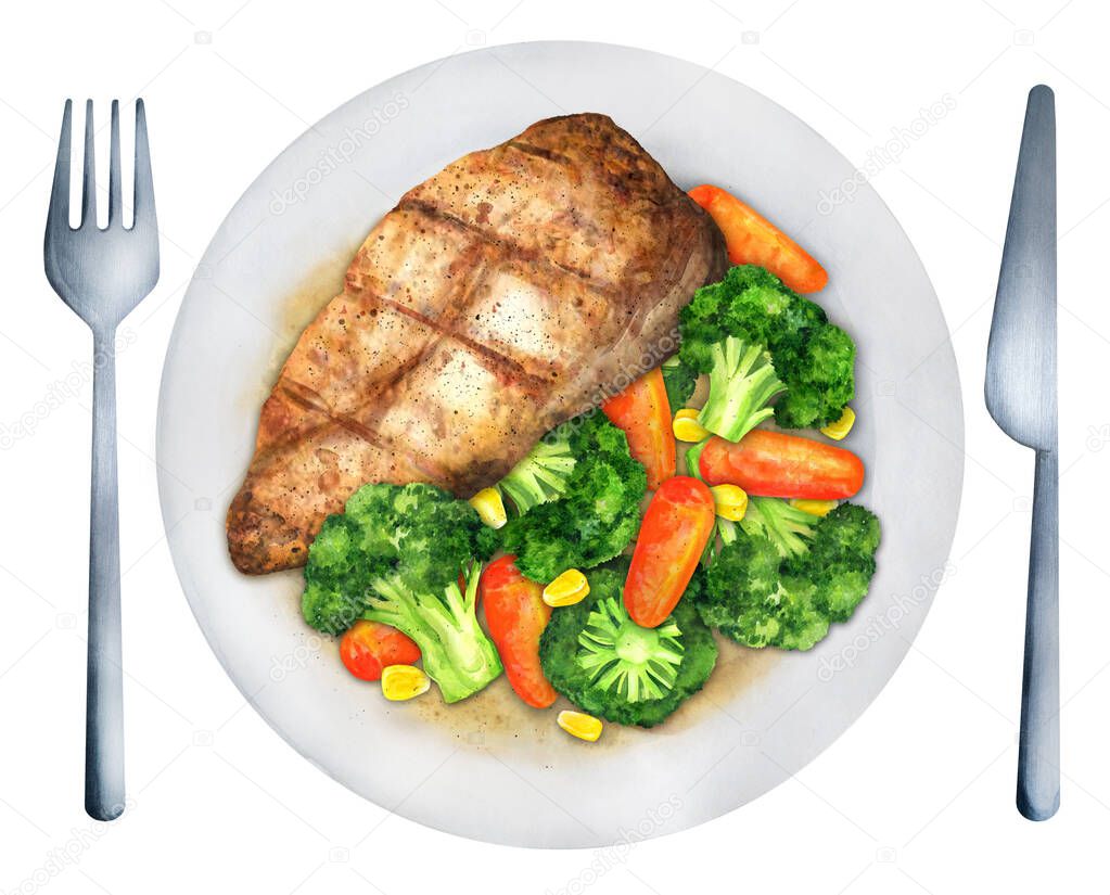 Chicken fillet with broccoli, carrots and corn on a white plate. Healthy food.  Top view. Watercolor hand drawn illustration. Suitable for menu and cookbook.