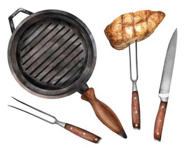 Cast Iron Frying Pan Grill Meat Knife Fork Meat White — Fotografia de Stock