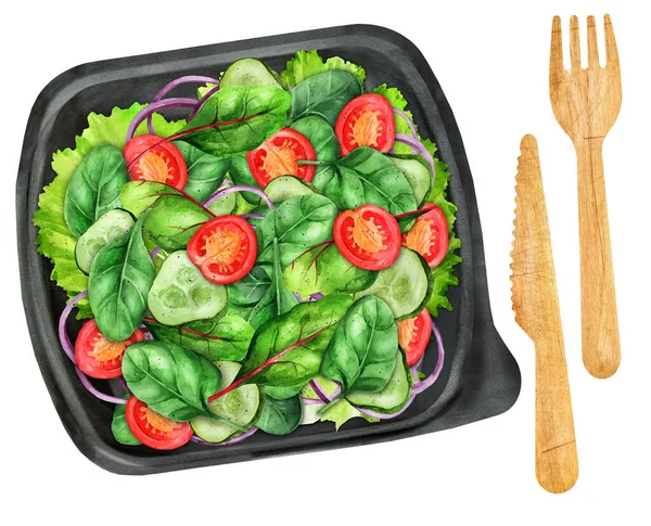 新鲜的沙拉配上樱桃 西红柿和黄瓜 放在塑料外卖盒里 建议的菜单在公共饮食和递送 顶部视图 水彩画 — 图库照片