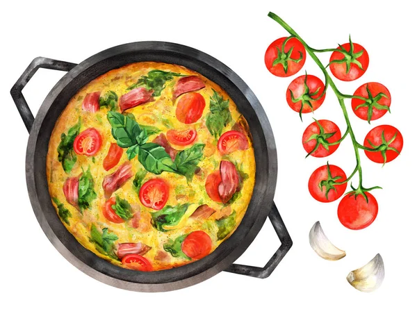 Frittata Casserole Cast Iron Pan Tomatoes Spinach Hams White Isolated — Stock Photo, Image