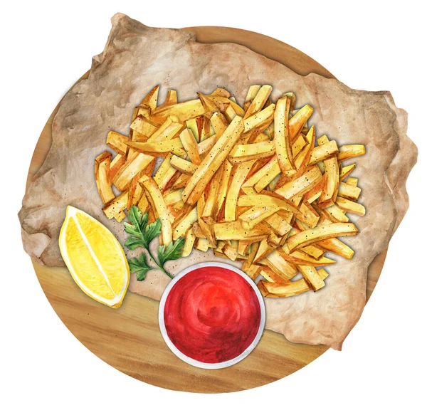 French Fries Potato Chips Ketchup Lemon Cutting Board Top View — Fotografia de Stock