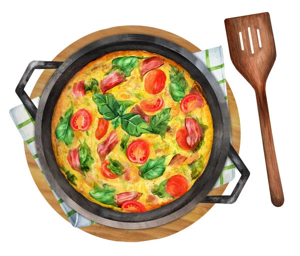 Frittata Italiensk Omelett Gjutjärnspanna Med Tomater Spenat Och Skinka Träskiva — Stockfoto