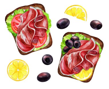 Beyaz arka planda prosciutto ile kahverengi ekmeğin sandviçini hazırla. Suluboya el çizimi çizimi. Menü ve yemek kitabı için uygun