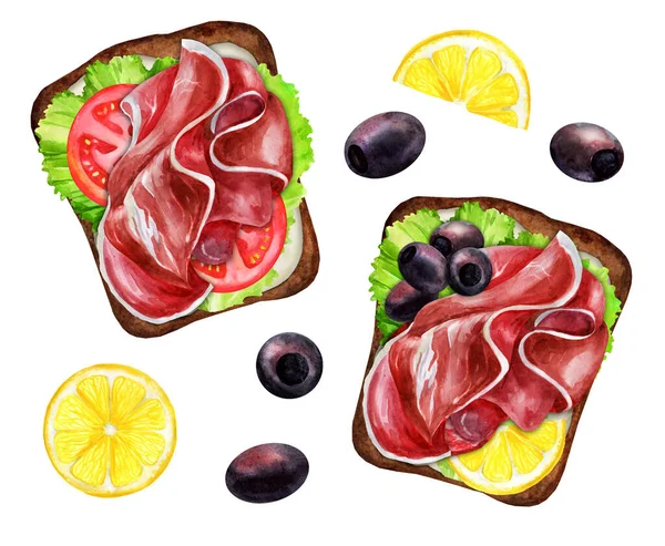 Beyaz Arka Planda Prosciutto Ile Kahverengi Ekmeğin Sandviçini Hazırla Suluboya — Stok fotoğraf