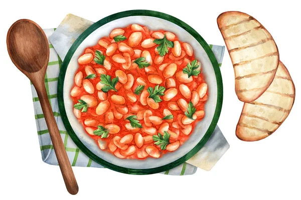 Plato Griego Tradicional Frijoles Blancos Salsa Tomate Con Una Cuchara — Foto de Stock