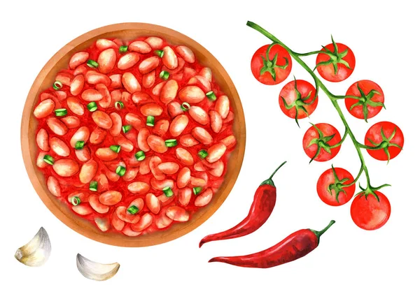 Biała Fasola Sosie Pomidorowym Glinianej Misce Gałązką Pomidora Wiśniowego Białym — Zdjęcie stockowe