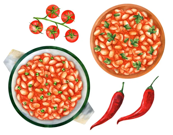 Fasola Duszona Pikantnym Sosie Pomidorowym Cebulą Pietruszką Białym Izolowanym Tle — Zdjęcie stockowe